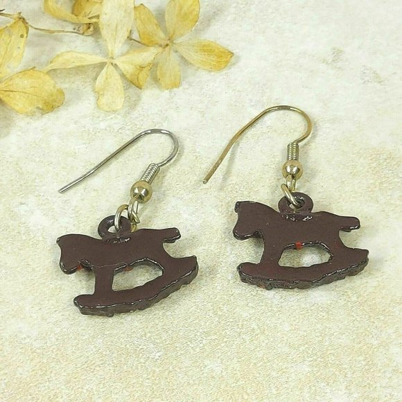 Vintage Rocking Horse Earrings Jewelry Black Steed Toy Red Saddle Dangle Earring - Picture 7 of 8
